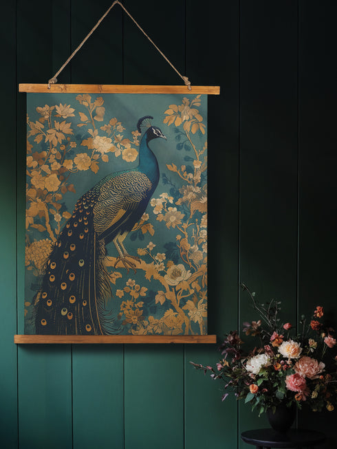 A wall tapestry featuring a detailed teal peacock with golden accents and intricate plumage, surrounded by ornate golden flowers and foliage on an emerald green background, mounted between wooden dowels with twine.